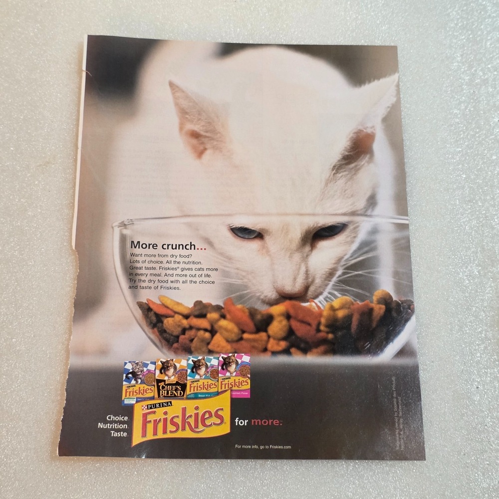 Vintage Print Ad Purina Friskies white cat eating out of bowl 8x10.5 2004